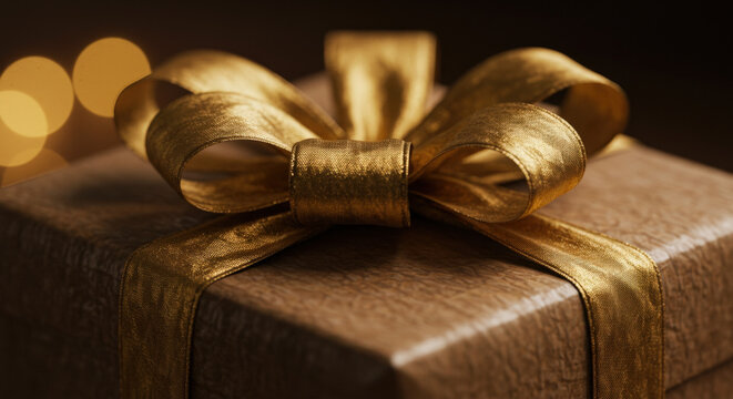 Minimalist Christmas Gift with Shiny Gold Bow and Soft Bokeh - Powered by Adobe