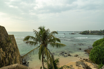 galle dutch fort, sri lanka. tropical beach with palm trees and sea