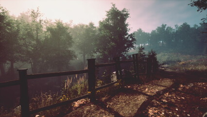A screenshot of a wooded area with a fence