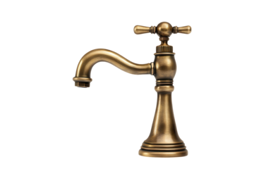 Elegant brass faucet with vintage design featuring a curved spout and decorative handles, ideal for traditional or rustic home decor in a kitchen or bathroom setting