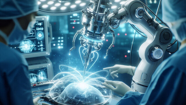 Futuristic Brain Surgery with Robotic Arm and Holographic Imaging