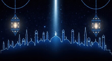 Ramadan kareem islamic background with mosque and lantern illustration design