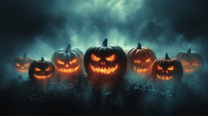 Mischievous glow: a haunted gathering of spooky halloween lanterns. Film poster. Uncanny aura: enhanced jack o lanterns amidst ghostly silhouetted shaddows. Cinema artwork. Adventure poster.