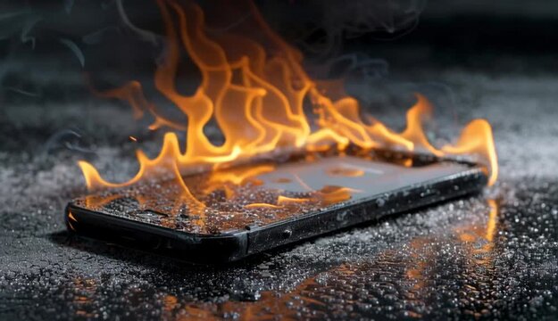 Mobile phone battery overheated burning flames Smartphone on fire Burning smartphone with bad battery