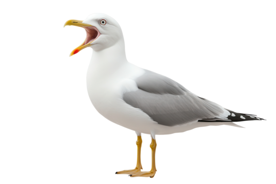 Seagull with open beak stands isolated on transparent background showcasing its distinctive features and behavior
