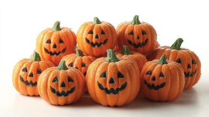 Chilling illumination: haunted pumpkins on a pale canvas. Drama poster. Uncanny aura: enhanced jack o lanterns amidst ghostly silhouetted shaddows. Visual poster. Hero poster.