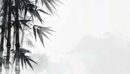 Depiction of bamboo stalks and leaves in a black and white ink wash painting style against a soft, light background, evoking a sense of tranquility and minimalist design in an Asian-inspired...