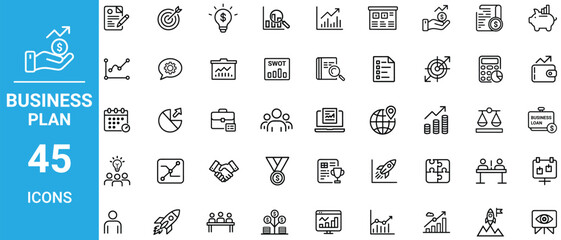 Business Plan Line Icons Set - Minimalist Modern Vector Symbols for Strategy, Finance, Market Research, and Growth – 45 Icons, Isolated on White