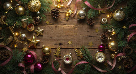 Christmas Border with Ornaments, Pinecones and Fir on Wooden Background