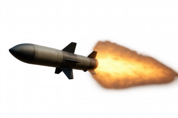 Military missile launch firing with a fiery propellent exhaust, symbolizing conflict, power, and defense on transparent background