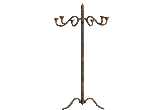 Coat rack stand with multiple hooks designed for organizing coats and accessories, isolated on a transparent background for showcasing its elegant design