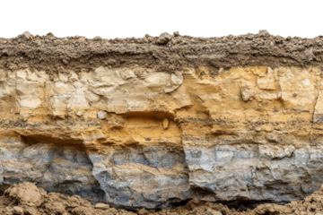 Detailed cross section revealing layers of unstable soil composition in a construction site during daylight hours