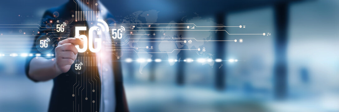 Businessman hand hold 5G network, high-speed connectivity, low-latency communication, mobile broadband, IoT integration, smart city infrastructure, network optimization, data transfer - Powered by Adobe