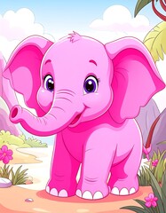 Fototapeta premium Pink baby elephant in a cartoon landscape