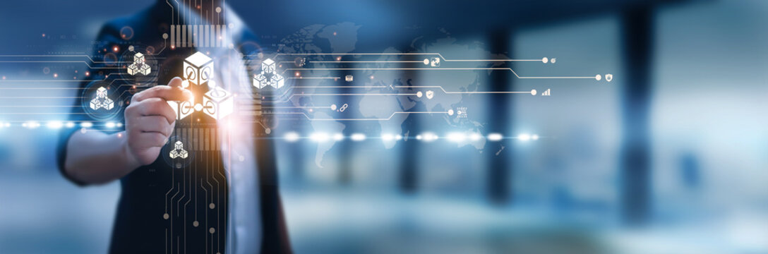 Businessman hand hold blockchain technology, decentralized systems, digital ledger, smart contracts, cryptocurrency solutions, secure transactions, fintech innovation, distributed networks - Powered by Adobe