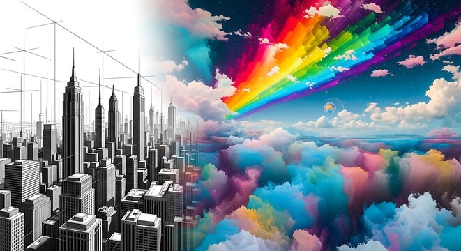A cityscape transitioning into a vibrant rainbow sky with fluffy clouds and a surreal atmosphere view