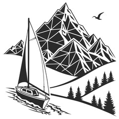 Black and white illustration of a sailboat near mountains
