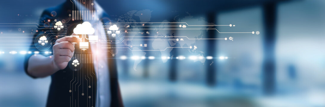 Businessman hand hold cloud computing, SaaS platforms, data storage, virtualization, scalable infrastructure, IaaS, PaaS, multi-cloud solutions, enterprise cloud, digital transformation.