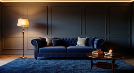 Elegant living room with blue velvet sofa and classic decor elements