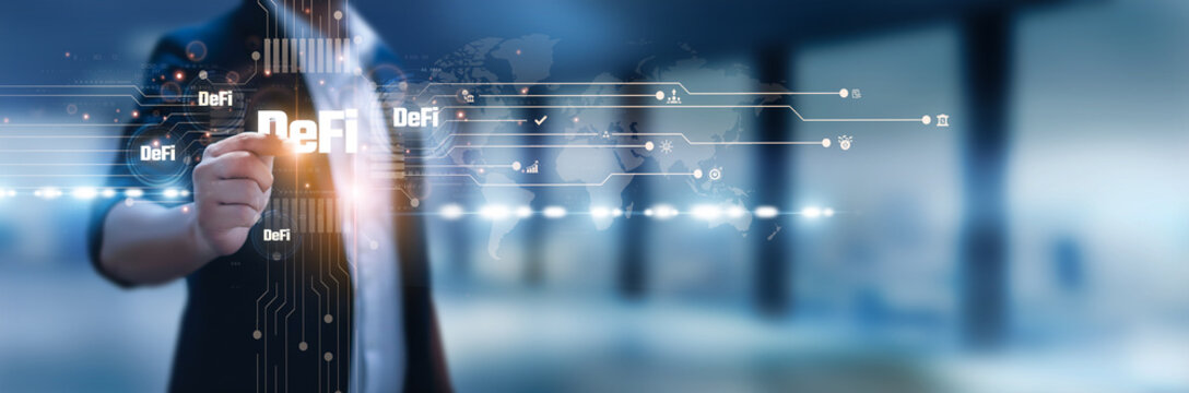 Businessman hand hold decentralized finance, blockchain protocols, smart contracts, crypto trading, liquidity pools, decentralized exchanges, peer-to-peer lending, tokenization, digital wallets