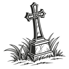 Black and white tombstone with ornate cross and grass