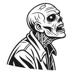 Black and white zombie head with open mouth horror