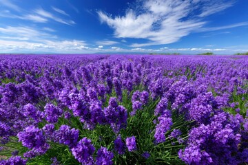 Fototapeta premium Expansive lavender field under a blue sky with scattered clouds in spring
