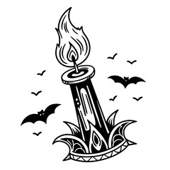Black candle flame with bats spooky style candle flame icon