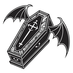 Black Coffin with Bat Wings and Cross Symbol white