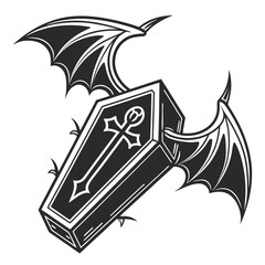 Black Coffin with Bat Wings and Cross white fantasy 1