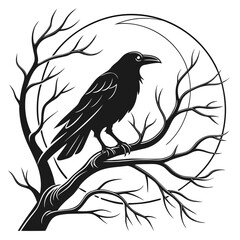 Black crow perched on bare branches against moon raven