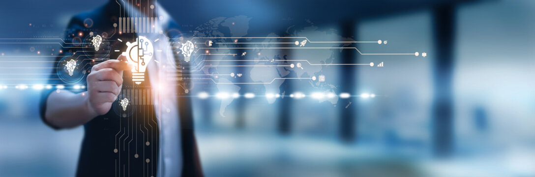 Businessman hand hold innovation technology, creative solutions, disruptive tech, product development, research and development, digital innovation, AI-driven solutions, automation systems