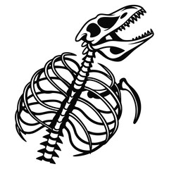 Black dinosaur skeleton rib cage and skull dinosaur head