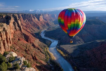 Obraz premium Colorful hot air balloon ascends above scenic canyon landscape at sunrise