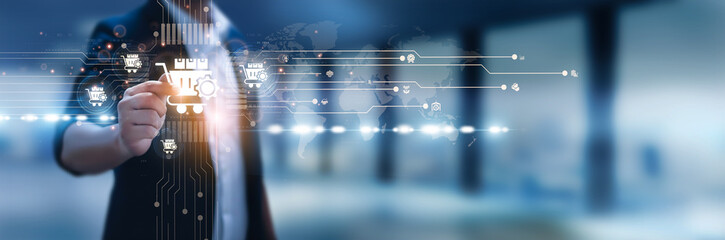 Businessman hand hold procurement management, supplier relationship, vendor contracts, sourcing...