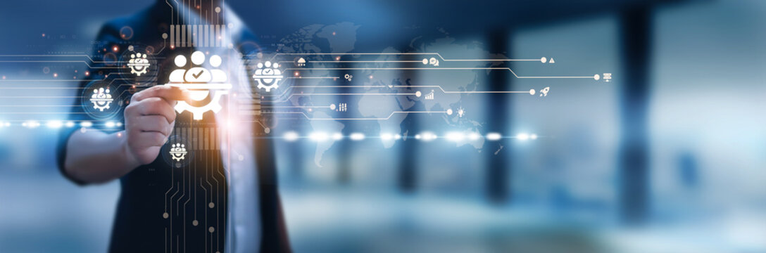 Businessman hand hold project management, strategic planning, workflow efficiency, agile methodology, milestone tracking, performance monitoring, task allocation, team collaboration