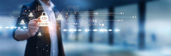 Businessman hand hold secure coding, software protection, vulnerability prevention, cybersecurity...