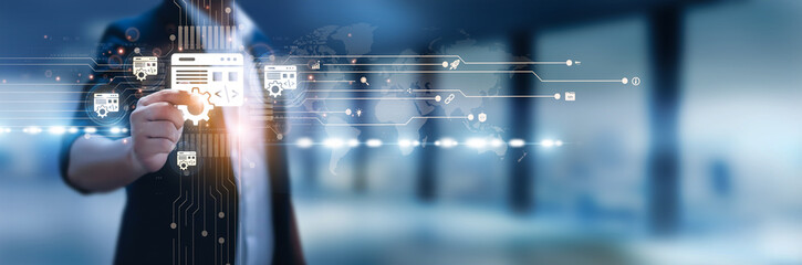 Businessman hand hold software development, application design, coding solutions, system...