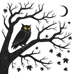 Black owl with yellow eyes on bare tree branch crescent moon 2