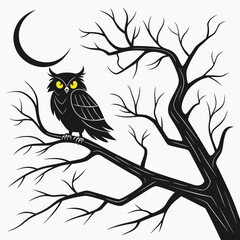 Black owl with yellow eyes perched on bare tree branch under crescent moon