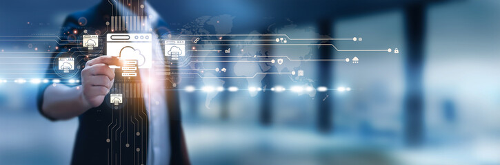 Businessman hand hold web hosting, cloud hosting, dedicated servers, VPS hosting, managed services, domain management, website uptime, secure hosting, scalable servers, hosting infrastructure