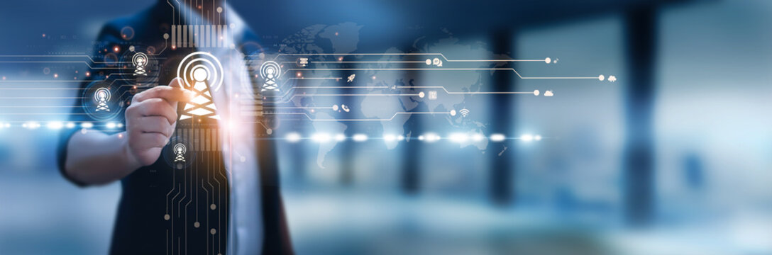Businessman hand hold telecommunications, global connectivity, 5G networks, mobile communication, digital infrastructure, wireless technology, broadband internet, fiber optic systems, cloud telephony