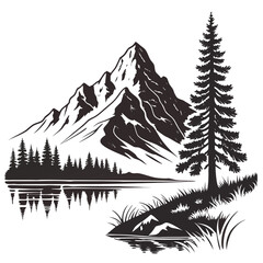 Black silhouette mountain lake pine tree reflection