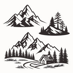 Black silhouette mountain range with pine trees and cabin