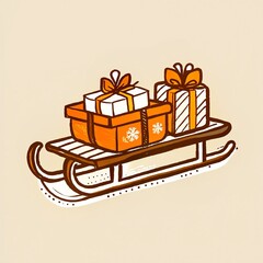 Wooden sled carrying wrapped gifts in winter style