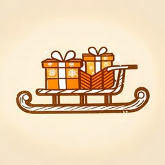 Wooden sled carrying wrapped gifts in winter style