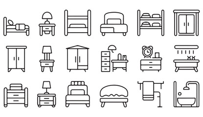 Minimalist furniture line icons – black and white vector illustration of bedroom and home interior items