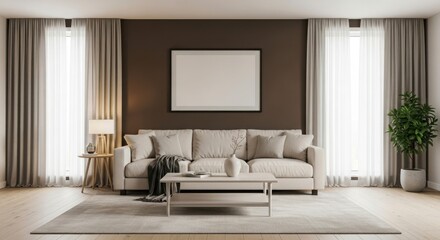 Elegant living room with neutral tones, featuring a sofa and blank picture frame