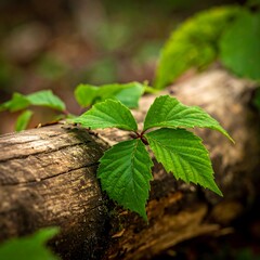 Fototapeta premium Close-up of vibrant green leaves clinging to a weathered log. Fresh foliage rests on a textured, aged log in a natural setting. Soft, diffused light highlights the delicate leaves