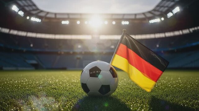 football championship 2026 concept with soccer ball and German flag on stadium grass with sunlight
